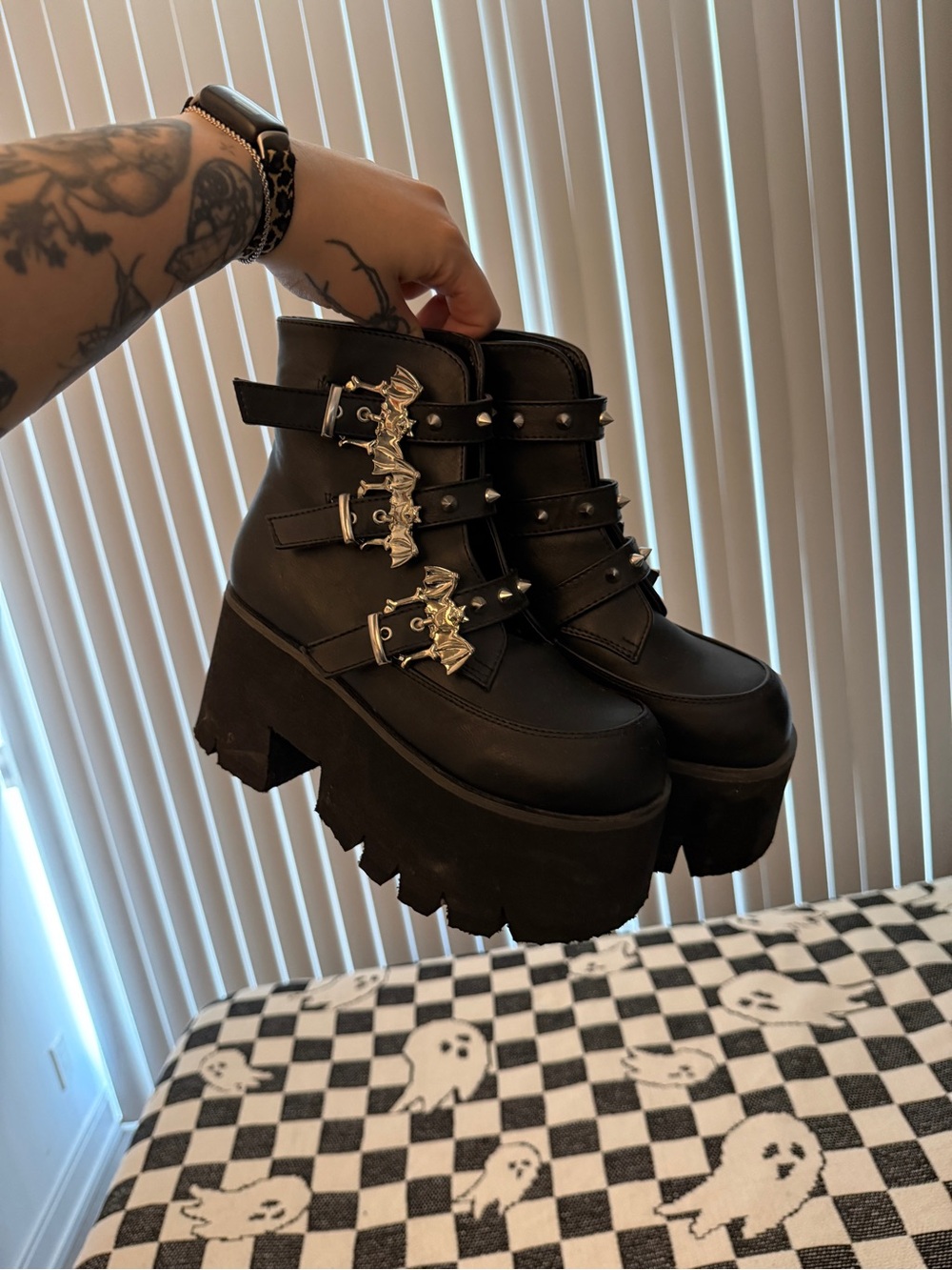 Demonia Ashes 55 - Platform Ankle Boots with Silver Bat Accent - Size 9